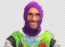 a pixel art of a man wearing a purple hood and a green shirt on a transparent background .