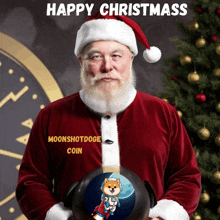 a man dressed as santa claus is holding a bowling ball with a dog on it