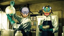 a pixel art of two scientists in a laboratory