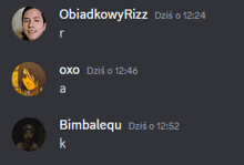 a screenshot of a discord conversation between obiadkowyrizz and bimbalequ