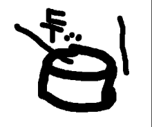 a black and white drawing of a drum with a stick in it