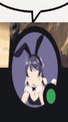 a picture of a girl in a bunny costume with a speech bubble behind her