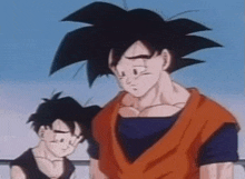 goku and gohan from dragon ball z are standing next to each other and looking at each other .