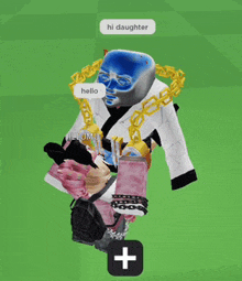 a video game character with a blue face and a gold chain around his neck says hi daughter