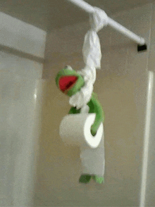 a stuffed kermit the frog is hanging from a shower curtain holding a roll of toilet paper .