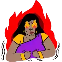 a cartoon drawing of a woman with fire in her eyes