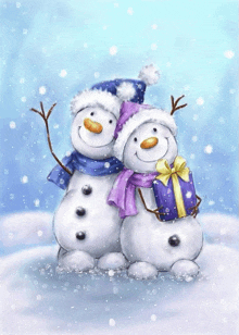 two snowmen wearing purple scarves and hats are holding a purple gift