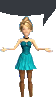 a cartoon girl in a blue dress is standing with her arms outstretched and a speech bubble behind her