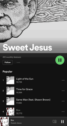 a screenshot of sweet jesus on spotify with a drawing of a man 's face