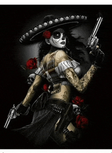 a woman in a sombrero is holding a gun