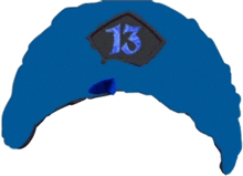 a blue hat with the number 13 on the front