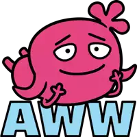 a pink cartoon character with the word aww written below it