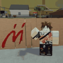 a roblox character is holding a sword in front of a wall with the letter m painted on it