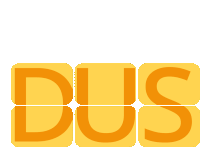 the word dus is written in orange letters on a yellow background