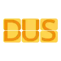 the word dus is written in orange letters on a yellow background