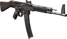 a black assault rifle with a wooden handle on a white background .