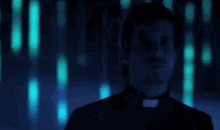 a man in a priest 's collar is standing in a dark room with blue lights behind him .