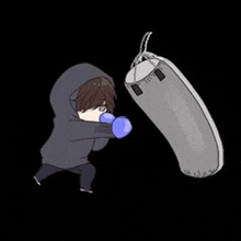 a cartoon of a boy in a hoodie hitting a punching bag .