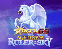 a white horse with wings is on a purple background with the words age of the gods ruler sky .