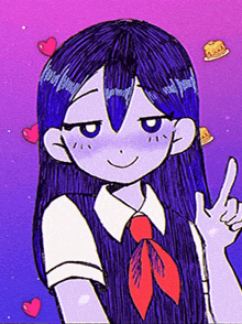 a drawing of a girl with purple hair and a red tie