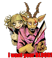 a drawing of a girl holding a knife next to a monster with the words i want your blood