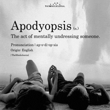 a black and white photo of a man and a woman laying on the ground with apodyopsis written on the bottom