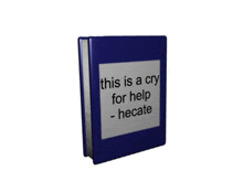 a blue book that says " this is a cry for help - hecate "