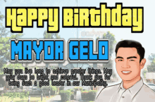 a happy birthday card for mayor geld with a picture of a man