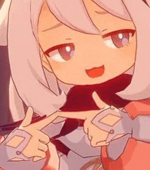 a close up of a cartoon girl making a peace sign with her hands .