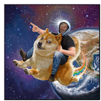 a man in a space suit is riding a doge in space