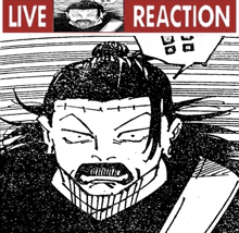 a black and white drawing of a man with the words live reaction on the top