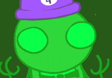 a drawing of a green alien wearing a purple hat with the number 4 on it