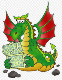 a green and yellow dragon is holding a treasure chest .