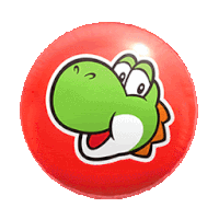 a red ball with a sticker of a yoshi on it