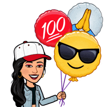 a cartoon woman is holding balloons with one that says 100 on it