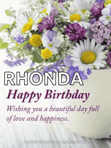 a birthday card for rhonda with flowers in a vase