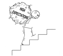 a stick figure is carrying a large rock with the words `` high expectations '' written on it .