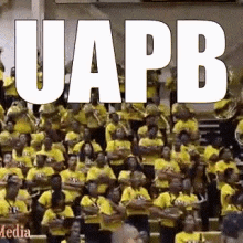 a large group of people in yellow shirts are standing in a stadium with the word uapb written above them