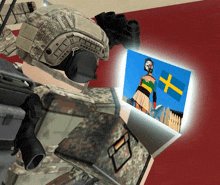 a soldier is looking at a picture with a swedish flag