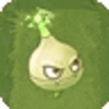 a cartoon onion with a green stem is sitting on top of a green circle .