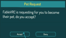 a screen that says " pet request " and a button that says " accept "