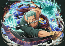 roronoa zoro from one piece is holding a sword in his right hand