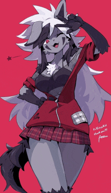 a drawing of a furry girl with a red shirt and a plaid skirt says " powerful " on the bottom