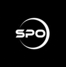 a white logo on a black background with the word spo in a circle .