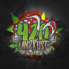 a logo for 420 landrust shows a marijuana leaf with smoke coming out of it