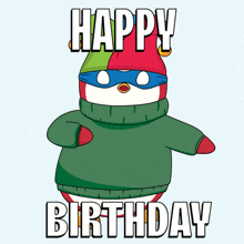 a penguin wearing a green sweater and a jester hat says " happy birthday "