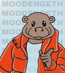 a cartoon of a monkey wearing an orange jacket with the word moodengeth in the background