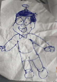 a child 's drawing of a cartoon character with a hat on his head