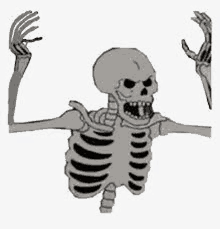 a black and white drawing of a skeleton with its mouth open and its hands up .