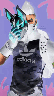 a man wearing an adidas shirt and a mask